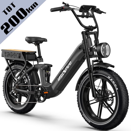 ONESPORT - Elektrische Fiets - Max. 200 km Bereik Dual Battery - 1728Wh Uitneembare Accu - Fatbike 20×4.0” - Shimano 7 Speed - Hydraulische Schijfremmen - Allround Stads - en Offroadfiets - Zwart