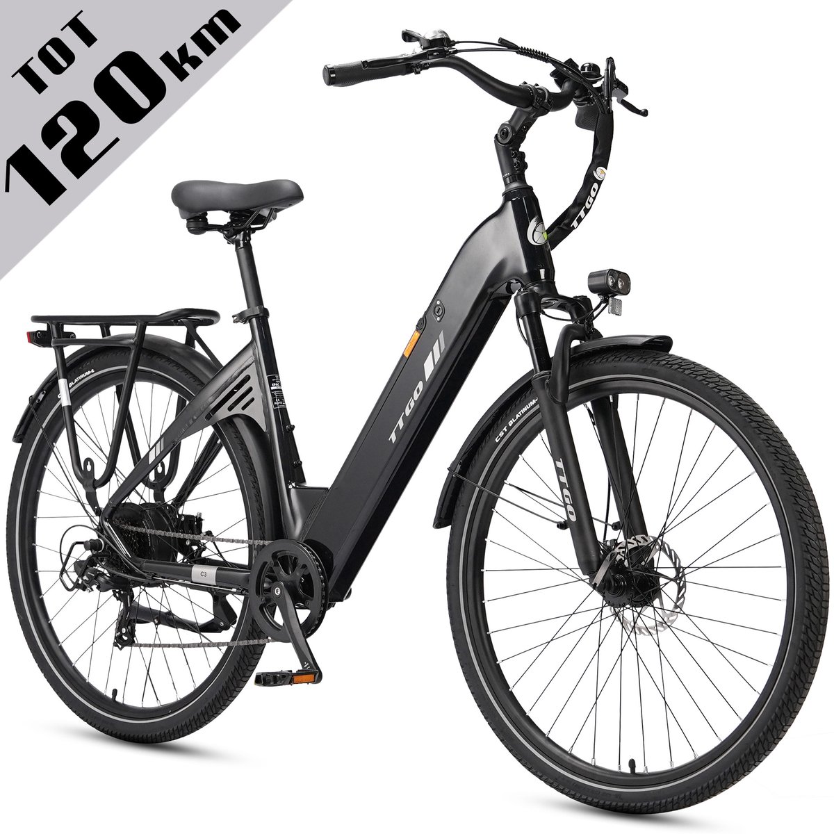Elektrische Fiets TTGO C3 - 36V 18AH Accu - Actieradius Tot 120 Km - 28×2.0 Inch Wielen - Aluminium Lage Instapframe - Shimano 7 Versnellingen - Mechanische Schijfremmen - LCD Display - Elektrische Stadsfiets - Zwart