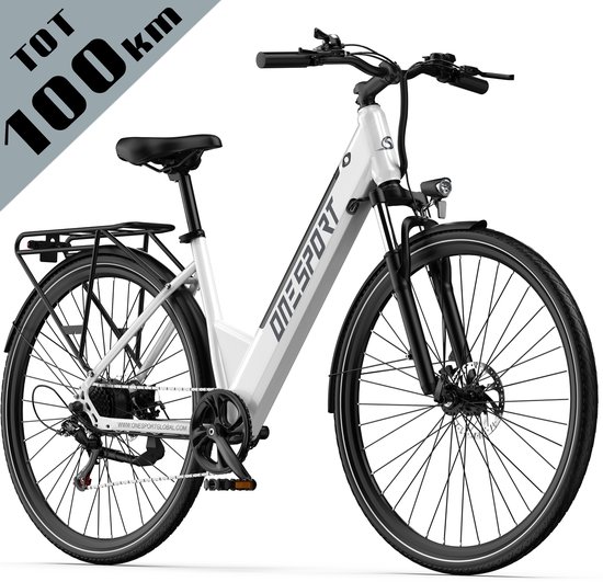 OneSport elektrische stadsfiets - 468Wh accu - achterwielmotor - tot 100 km actieradius - Shimano 7 versnellingen - hydraulische vering en schijfremmen - wit