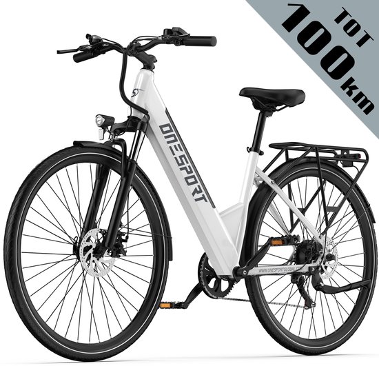 Onesport elektrische fiets - 468Wh/13Ah accu - 27,5 inch banden - 80–100 km actieradius - Shimano 7 versnellingen - voor- en achter schijfremmen - hoogsterk frame - elektrische stadsfiets - Wit